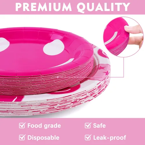 Miniatura 3 de durony 144 Piezas Decoraciones de Cumpleaños Preppy Cara Sonriente Rosa Juego de Vajilla Platos Sonrientes Preppy Tazas Servilletas y Tenedores