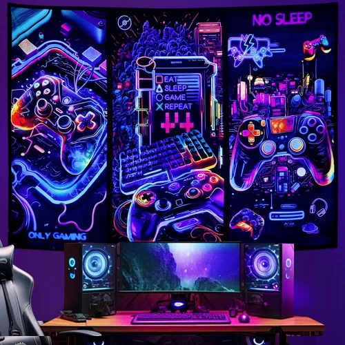 Galoker Tapiz de luz negra para juegos, tapiz de controlador de juego de neón genial, tapiz reactivo a los rayos UV, tapices de pared para jugadores