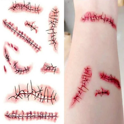 Miniatura 2 de 10 hojas de tatuajes temporales de Halloween, calcomanías de Halloween con disfraz de sangre falsa, tatuajes de cicatrices de zombi para fiestas