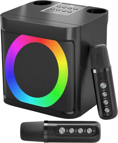 Miniatura 7 de Máquina de karaoke para adultos y niños, altavoz portátil de karaoke Bluetooth con 2 micrófonos inalámbricos para TV, karaoke para cantar