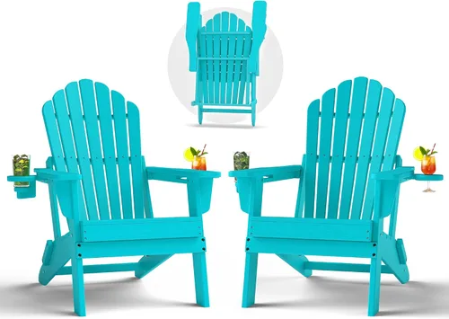 Miniatura 17 de Plawdlik Juego de 2 sillas plegables Adirondack de HDPE, sillas de patio al aire libre resistentes con soportes dobles para tazas, silla para Negro