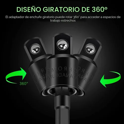 Miniatura 9 de Juego de extensión de broca flexible con accesorio de ángulo recto, giratorio de 360° de 1/4 3/8 1/2 pulgadas, juego de adaptadores de enchufe