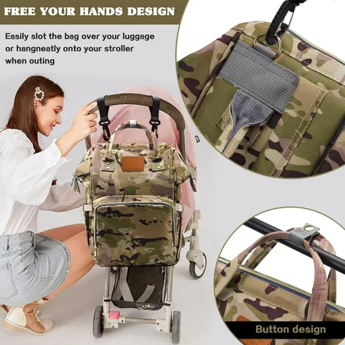 Miniatura 6 de LIMHOO Mochila para pañales para hombres y papá, bolsa de pañales de camuflaje de lona grande impermeable para el cuidado del bebé, Camuflaje
