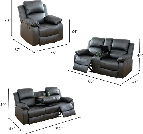 Miniatura 2 de Juego de sala de Estar reclinable de 3 piezas, juego de sofá reclinable Manual para conjunto de muebles de sala de Estar, con consola de Negro