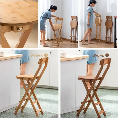 Miniatura 6 de Taburetes de bar plegables de bambú para el desayuno, taburete de cocina de 24 pulgadas/27 pulgadas con respaldo, silla alta de madera plegable