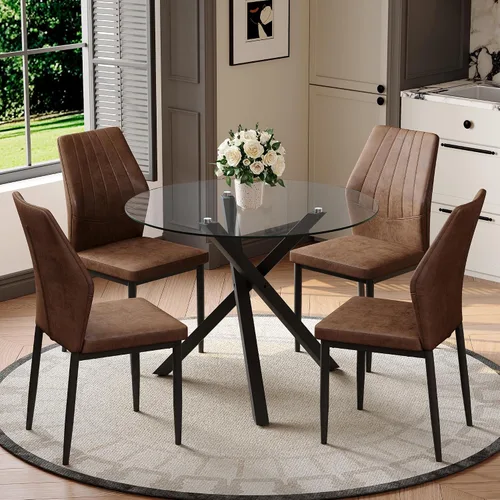 Miniatura 42 de Juego de mesa de comedor redonda para 6, juego de mesa de comedor de vidrio de 39 pulgadas con base de metal ajustable dorada en forma de X y 6