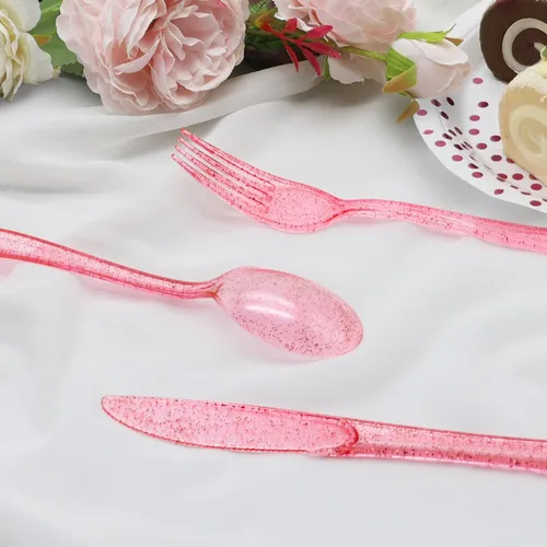 Miniatura 4 de 150 piezas de juego de cubiertos de plástico rosa resistente - 50 tenedores, 50 cuchillos, 50 cucharas para cumpleaños, boda, baby shower, despedida
