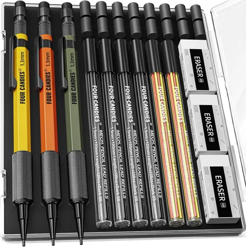 Miniatura 13 de Four Candies Juego de lápices mecánicos de 1.3mm con 24 repuestos de plomo, lápiz de carpintero de metal resistente a la intemperie para uso pesado