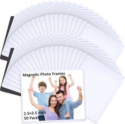 Yunsailing Paquete de 50 marcos magnéticos de fotos de 2.5 x 3.5 pulgadas para refrigerador, imán blanco con bolsillos transparentes para nevera,
