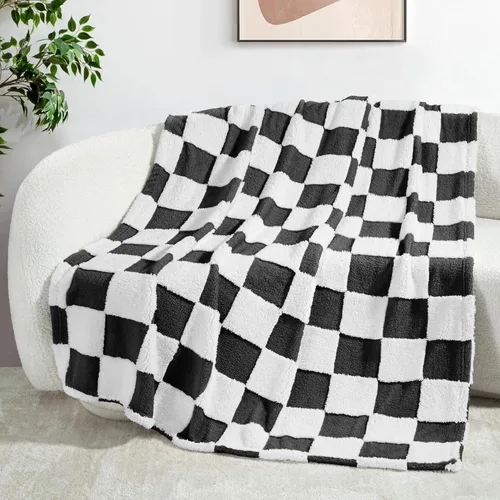 Exclusivo Mezcla - Manta de franela super suave y cálida con diseño de vellón esponjoso, para sofá, cama, con lindo patrón a cuadros, negro, 50" x