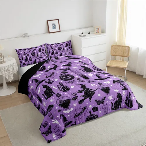 Miniatura 3 de Juego de edredón de Halloween, ropa de cama individual con diseño de calabaza y gato para niñas y niños, juego de ropa de cama de poción mágica