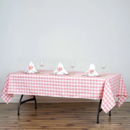 Efavormart - Mantel a cuadros rectangular de 60 x 102 pulgadas, cuarzo blanco/rosa | Mantel de lino de poliéster a cuadros 2-Rosa