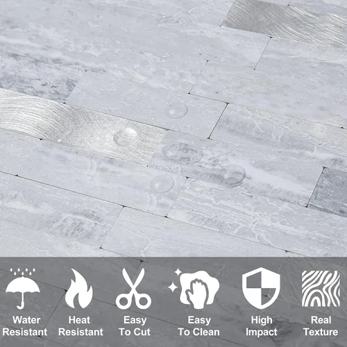 Miniatura 3 de DICOFUN - Azulejo adhesivo de loseta en muro para la cocina, piedra faxu gris claro, PVC con metal mixto, 1 lámina