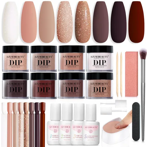 Miniatura 12 de AzureBeauty Kit de iniciación de polvo de uñas de inmersión, gris arce, verde salvia, verde oscuro, juego de 8 colores con palitos de uñas, base