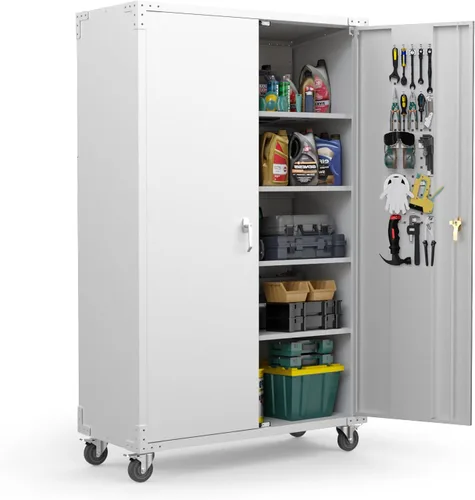 Miniatura 12 de VINGLI Armario de Pared para Garaje con Puertas con Cerradura y Estante Ajustable, Gabinete de Pared de Metal, Gabinete de Almacenamiento Superior