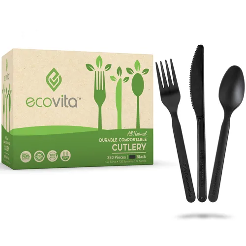 Ecovita Juego de cubiertos desechables 100% compostables - 380 tenedores, cucharas y cuchillos grandes (17.8 cm) Utensilios ecológicos duraderos y