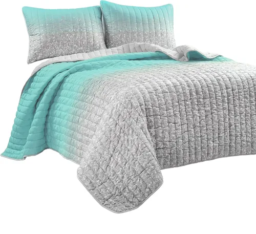 Miniatura 9 de Lush Decor Juego de edredón de 3 piezas con estampado metálico degradado con purpurina, individual, aguamarina y gris