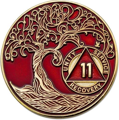 Miniatura 96 de 20 Year Sobriety Mint Twisted Tree of Life - Medallón de recuperación AA chapado en oro, fichas y fichas, color negro