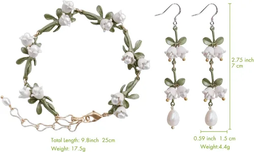 Miniatura 2 de Juego de aretes colgantes hechos a mano, pulseras para mujer, aretes de onda torcida en tono plateado, aretes vintage de perlas cultivadas de lirio