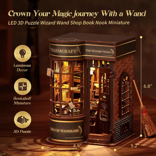 Miniatura 2 de FUNPOLA Kit de varita mágica de rompecabezas de madera 3D para rincón de libros - Juego de manualidades para estantería en miniatura con luz LED