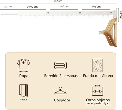 Miniatura 7 de ZdwCyl Tendedero de Ropa, Tendedero de Lavandería Montaje en Pared, Perchero de Ropa Montado en la Pared, Retráctil, Plegable (Tri-Fold), Tendedero