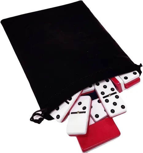 Marion Dominó Doble Seis 6 Fichas de Dos Tonos Rojo y Blanco Tamaño Profesional de Torneo Jumbo con Giradores en Bolsa de Terciopelo Negro Elegante