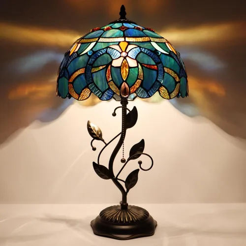 Miniatura 11 de Tiffany Table Lamp, Stained Glass Desk Light, W12H19 Inch, Metal Leaf Base (Sea Blue Pearl Style)