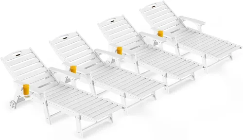 Miniatura 28 de Ciokea Silla de Descanso para Exteriores, Tumbona de Gran Tamaño con 5 Posiciones, HDPE, Silla de Descanso de Patio con Ruedas y Portavasos para Gris