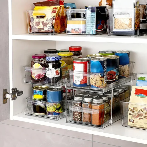 Miniatura 5 de Organizador transparente de 2 niveles con separadores para gabinete, estante, encimera - Contenedor de almacenamiento deslizable multiuso - Cajones