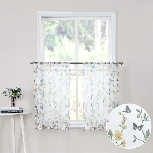Miniatura 15 de Tollpiz - Cortinas cortas de gasa con estampado floral, con diseño de mariposas y flores azules, cortina de media ventana con bolsillo para barra