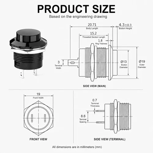 Miniatura 3 de Interruptor de botón momentáneo, mini interruptor redondo sin bloqueo AC 250 V/3 A CA 125 V/6 A, tapa negra de apagado (20 piezas)