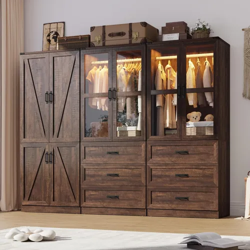 Miniatura 21 de Hlivelood Armario Ropero Estilo Granja de 75" de Alto con 2 Puertas con LED, Armario Independiente para Dormitorio con Barra para Colgar, Gabinete
