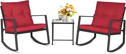 Miniatura 11 de SUNCROWN Juego de 3 piezas de muebles mecedores de mimbre para exteriores, juego de sillas para porche y conversación con mesa de café de vidrio