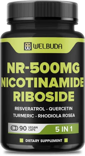 WELBUDA Suplemento de ribósido de nicotinamida 5 en 1+ con resveratrol, quercetina, cúrcuma, Rhodiola Rosea - 90 unidades durante 90 días