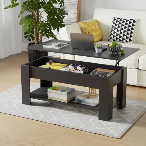 Miniatura 7 de Mesa auxiliar, mesa auxiliar de madera con compartimentos ocultos y estantes de almacenamiento, mesa de centro moderna de madera maciza con mesa