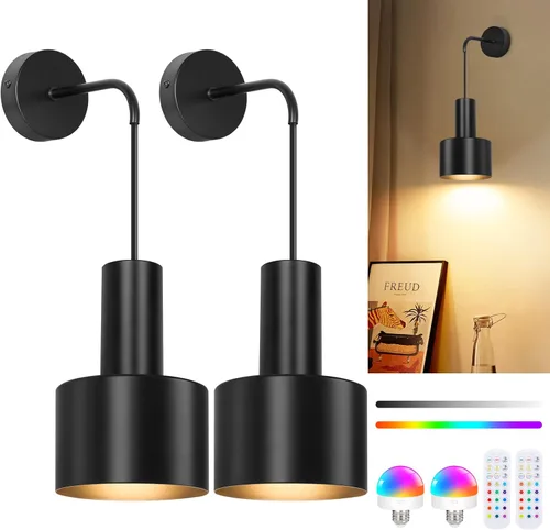 Miniatura 12 de VerRon Juego de 2 apliques de pared a pilas, luces de pared inalámbricas con control remoto, lámparas de pared regulables negras y doradas con Negro