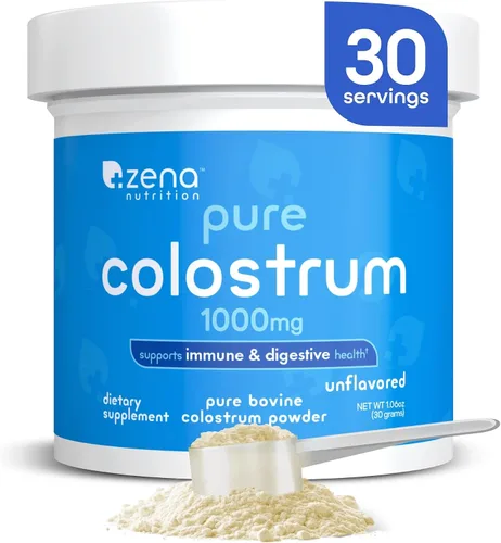 Zena Nutrition Suplemento en Polvo de Calostro Bovino, 1000mg de Calostro Puro, Apoya la Salud Inmunológica y Digestiva, Promueve la Salud