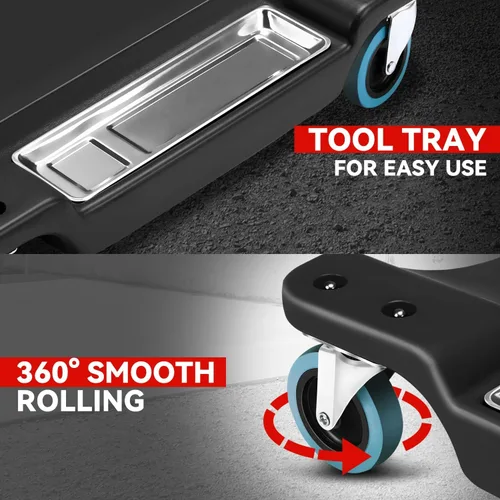 Miniatura 4 de Auto Dynasty Tablilla rodante de 40 pulgadas para reparación mecánica automotriz en el garaje, de perfil bajo, con luz LED y reposacabezas Negro
