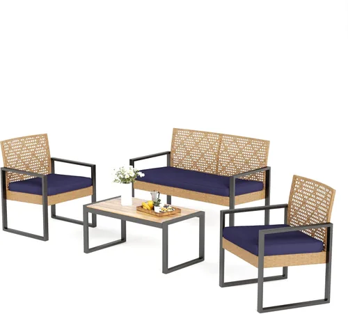 Miniatura 9 de MFSTUDIO Juego de 4 muebles de patio al aire libre, sofá pequeño de ratán marrón con mesa y sillas de madera de acacia, juego de muebles de sofá