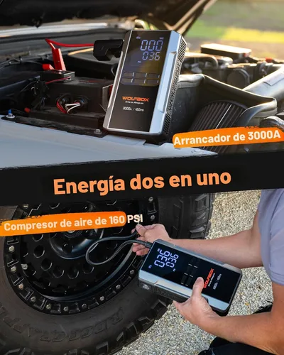 Miniatura 2 de WOLFBOX Arrancador de 3000 A con compresor de aire, batería portátil de coche de 59.2 Why 160 PSI con carga rápida de 65 W, batería de 12 V