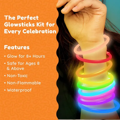 Miniatura 4 de Paquete de fiesta a granel Glow Fever de 1200 piezas incluye 600 varillas luminosas de 8 pulgadas y 600 conectores, pulseras y collares, disfraz
