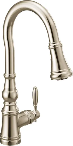 Miniatura 29 de Moen WeymouthBrushed Gold S73104BG - Grifo de cocina con resorte de preenjuague de un mango con refuerzo de potencia para una limpieza más rápida