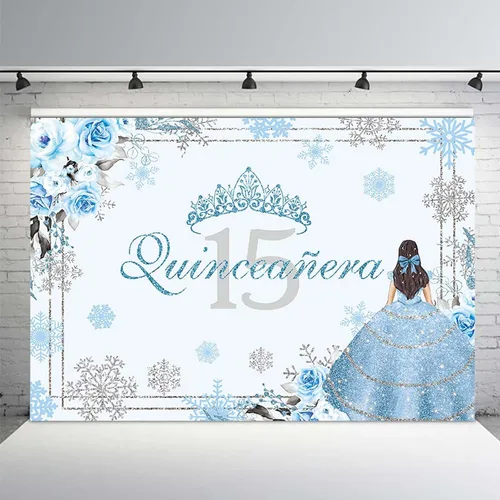 Miniatura 2 de MEHOFOND Telón de fondo de quinceañera de invierno de 7 x 5 pies para niña, Mis membrillo Anos, decoración de fiesta de cumpleaños de 15 años, Azul
