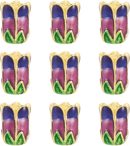 Miniatura 18 de Pandahall - 10 tapas de cuentas de aleación esmaltadas de 4 pétalos, 0.709 x 0.472 in, espaciadores florales dorados, cuentas de cono sueltas