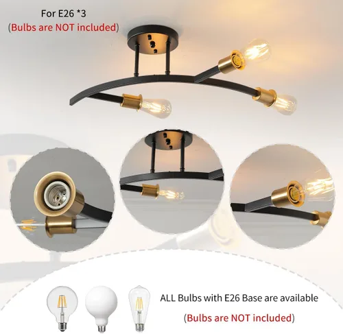 Miniatura 5 de Lámpara de Araña Sputnik Moderna Negra y Dorada de 3 Luces Semi Empotrada Luminaria de Techo para Entrada, Pasillo, Cocina, Dormitorio