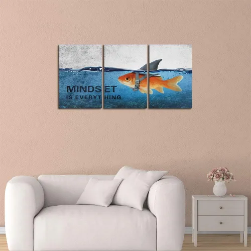 Miniatura 2 de 3 Paneles de Arte de Pared en Lienzo Inspiracional Enmarcado Moderno Pez Dorado Cuerpo Fuerte Corazón de Tiburón La Mentalidad lo es Todo Carteles