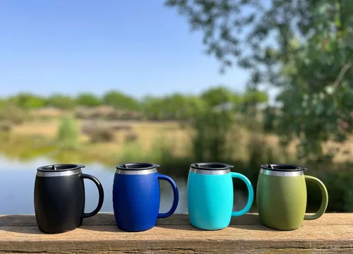Miniatura 6 de Juego de 2 tazas de café aisladas de acero inoxidable (14 onzas) de doble pared con tapa y asa resistentes a derrames, tazas inastillables
