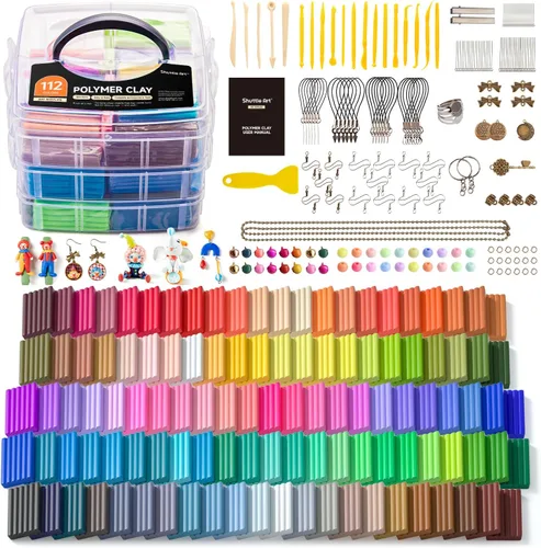 Shuttle Art - Kit de arcilla polimérica de 112 colores, arcilla para horno para niños, 20 herramientas para esculpir, 16 accesorios, manualidades