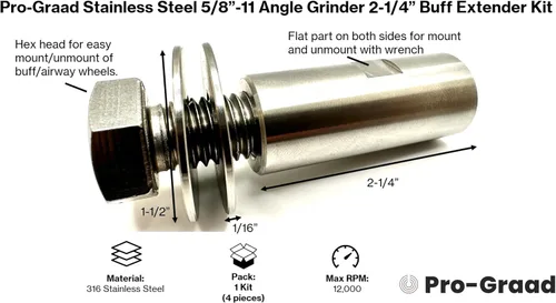Miniatura 2 de Kit extensor de pulido de amoladora angular de acero inoxidable 5/8"-11, rueda de pulido de vías respiratorias eje de extensión de 2-1/4", adaptador