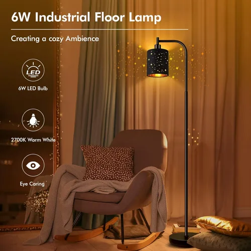 Miniatura 2 de Lámpara de pie industrial gótica con pantalla cortada láser estrellada, lámpara de pie de metal negro de 67 pulgadas con bombilla LED de 6 W